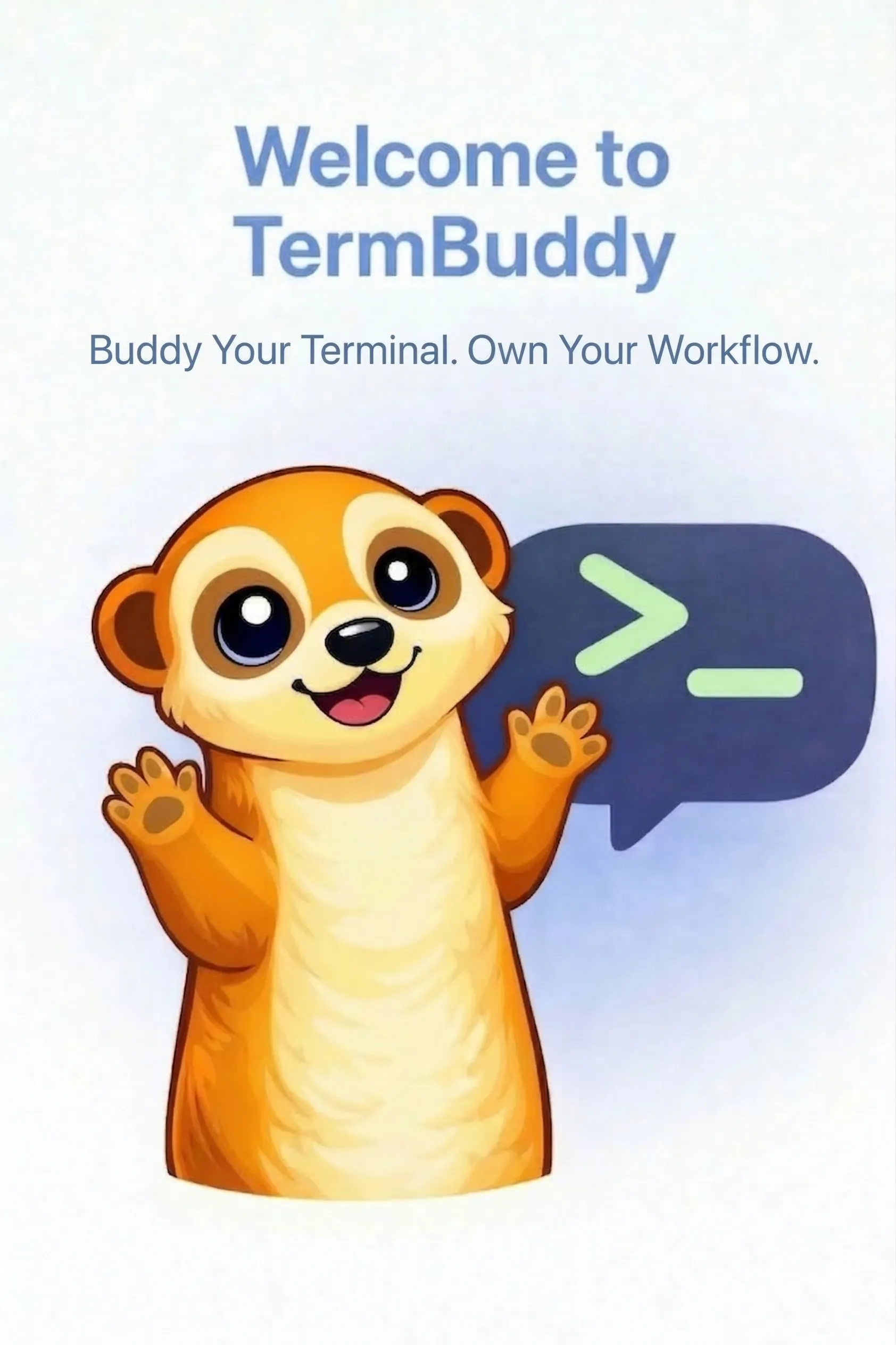 TermBuddy-Maskottchen winkt neben einer Terminal-Sprechblase